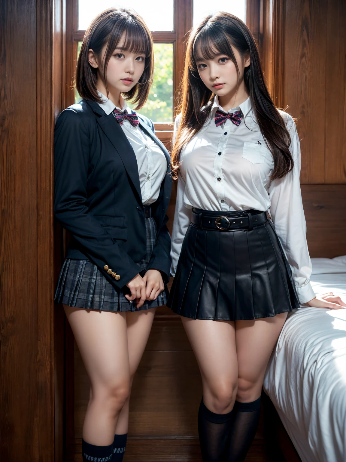 (Two boys in girls&#39; uniforms open the front of each other&#39;s uniforms on the bed, showing each other&#39;s bras and touching each other&#39;s breasts.:1.9), Wearing a cute girl&#39;s uniform, (mini tight skirt:1.9), 25 year old young man, Bedroom illuminated by the morning sun, masterpiece, (Her crotch swells and the front of her skirt flips up, revealing her panties.:1.9), (flat chest:1.9), (Boyish breasts:1.9),bra, (white panties:1.5),  photograph, highest quality, (Erection in the crotch clearly visible from above the skirt:1,9), (A big erection inside the skirt pushes the skirt up:1.9)