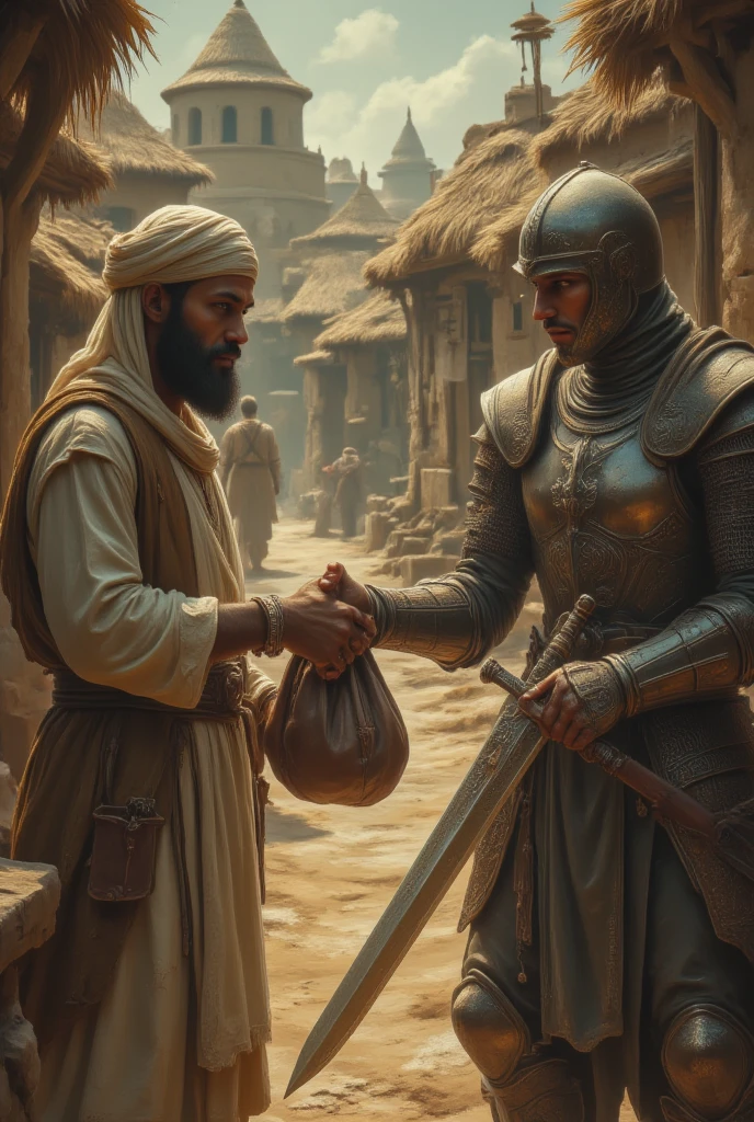 A warm golden light casts upon a medieval marketplace, reminiscent of Akira Kurosawa's earthy tones, as a Middle Eastern merchant with dark skin and a kind expression exchanges goods with a European knight, clad in armor and sporting a strong jawline and piercing blue eyes. The merchant, donning a white turban and a traditional kaftan, hands the knight a leather pouch, while the knight offers a large sword in return, their hands meeting in a symbolic gesture of trade. Soft, diffused sunlight filters through the thatched roofs of the surrounding buildings, casting a warm glow on the scene. A faint film grain and subtle color grading evoke a sense of nostalgia, as if the image were captured on aged film stock.