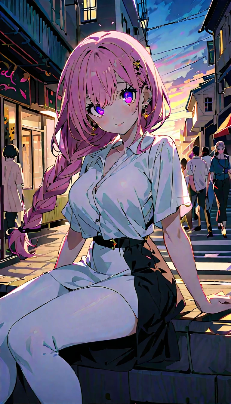 Yanagi, earrings, pink hair, long hair, purple eyes, braided ponytail, glasses, under-rim eyewear, large breasts, narrow waist, wide hips, thick thighs,
rest outdoors, city, null, cloud, sun, architecture, crowd, people々, alley, rest looking at viewer,  white modern fashion shirt and white princess skirt，Super detailed with transparent lace ,  she has long, wavy pink hair ， teenage girls，light pink eyes ， she has piercings ,  rest (masterpiece:1.2), Best Quality,  Hi-Res,  unity 8k Wallpaper , (Illustration:0.8), (beautiful deふとももed eyes:1.6), extremely deふとももed face, perfect lighting, extremely deふとももed CG, (Perfect hands,  perfect anatomy),