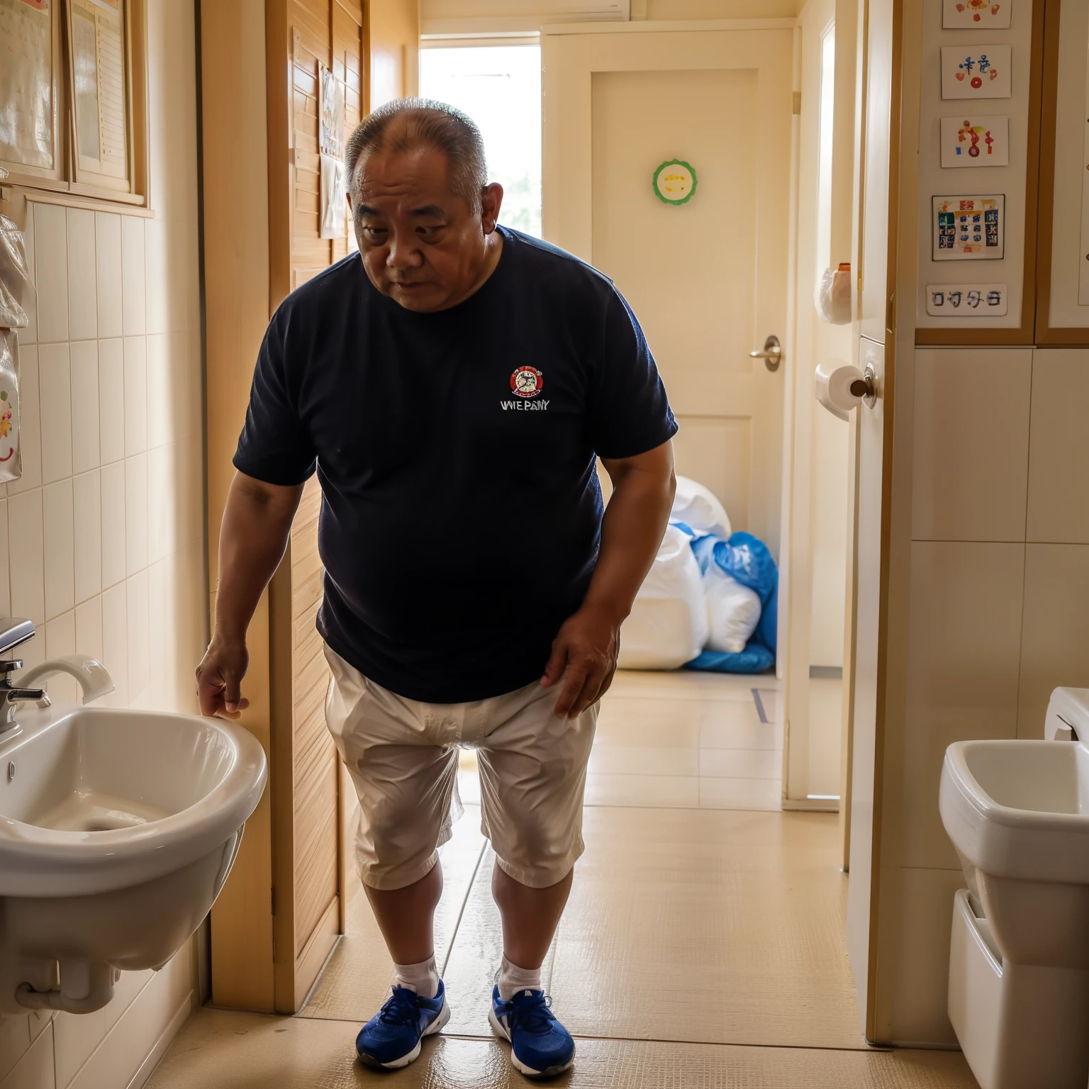 Thick Japan middle-aged man in his 50s, 1man, retarded, Dwarfism, He wears a White diaper, Pampers, shirtless, ((peeing self, wetting self, pee stains,)), ((trembling, fear expression, scared, looking at viewer)), kindergarten background, It's a sunny day, Incontinence, Urine soaked the shorts, He walk waddle in kindergarten, He cried, a picture, 8k, high detail photo, Masterpiece