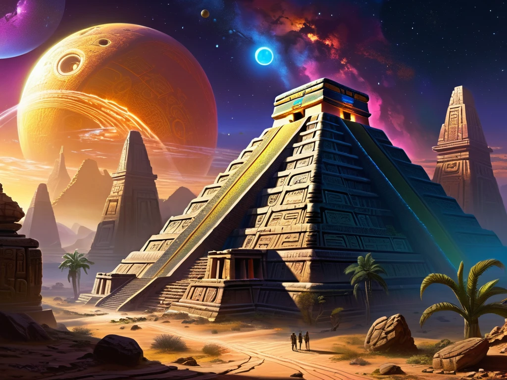 The landscape，Desert Planet，Miraculous glowing ruins of ancient Mayan pyramidright alien vegetation，Mards ruins，alien relicright mysterious colors，sci-fi ruins，Mardarren planet，magical golden light，realisticlying的，concept-art，hyper HD，art  stationantasyart，Epic scenes，complex pattern，complexdetails，ancient artifacts，异世界The landscape，Mysterious ancient relics，mirai，golden hieroglyphs，Glowing runes，grand scale，Epic Scale，magical atmosphere，adventuring，breathtaking visuals，cinematic，Breathtaking scene，Artwork by Greg Rutkowsky and Thomas Kinkade，alien technology，ancient alien ruins，Discoveriniracle，in awe，a vibrant atmosphere，rich colours，vivd colour，nebula fog，HDR，an ultrafine painting，Clear focus，physically-based renderingt，Extremely detailed description，professional，hyper realistic，beyond human imagination，Spectacular lighting，art stations popular，unreal-engine，global，(best qualtiy，8k，A high resolution，tmasterpiece，ultra - detailed，realisticlying，1.4x realism）