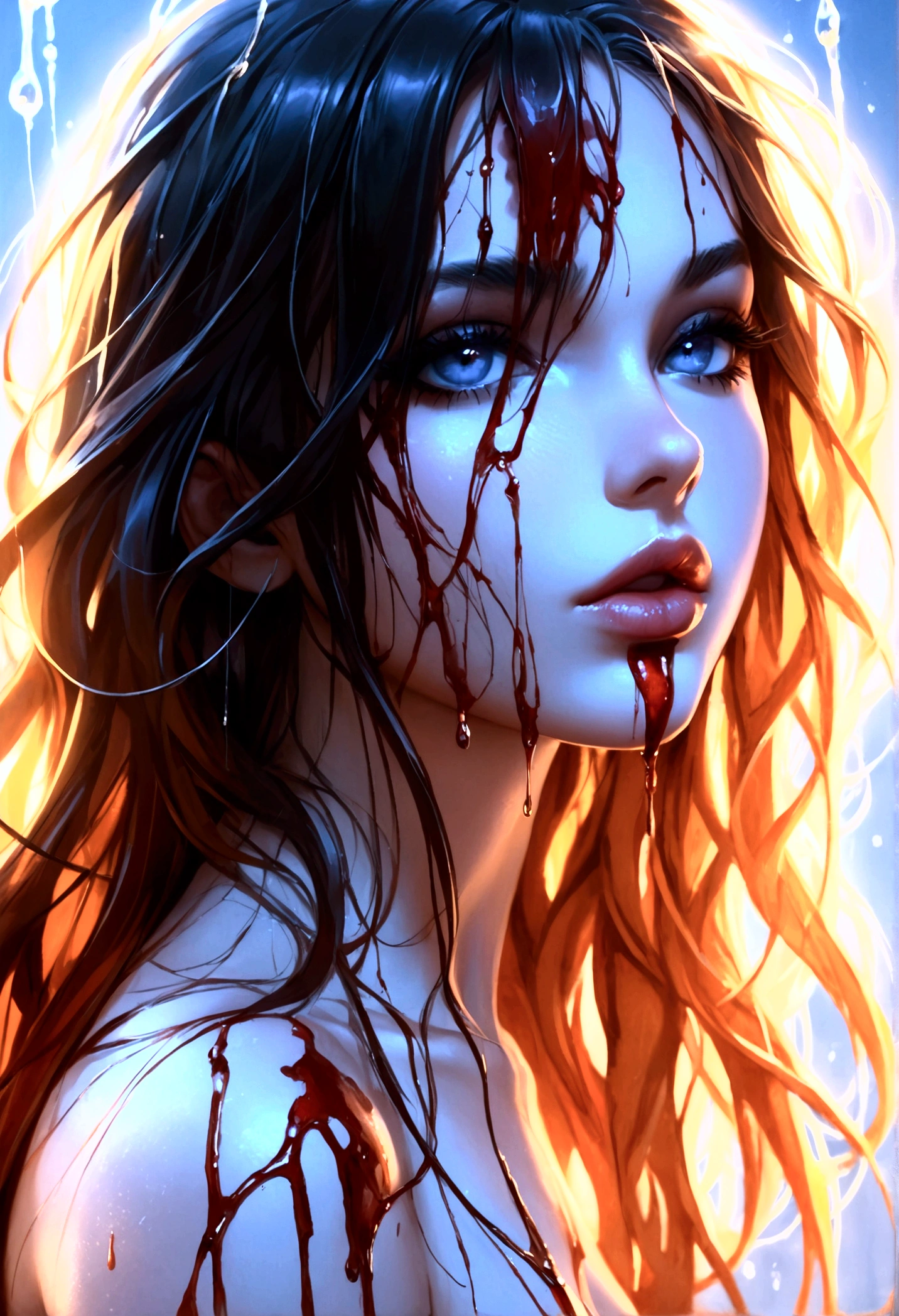 (masterpiece,best quality:1.4),(8k,raw photo,photo realistic:1.2),shiny skin,detailed skin,detailed face,detailed eyes, 1girl,looking at viewer,Japanese idol,extremely beautiful face, LiquidHair, liquid hair, deep crimson mucus floating around, slime girl, covered in deep crimson slime, (partially transparent), (Wet with water), (deep crimson sweat), Slimy deep crimson liquid dripping from her body. Her hair is also covered in deep crimson slime. deep crimson slime scatters, deep crimson hair, deep crimson eyes