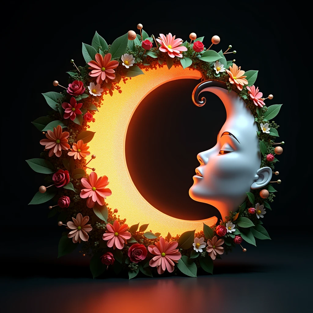 abstract 3D shape half sun half moon, foliage and flowers incorporated, light emitting, black background