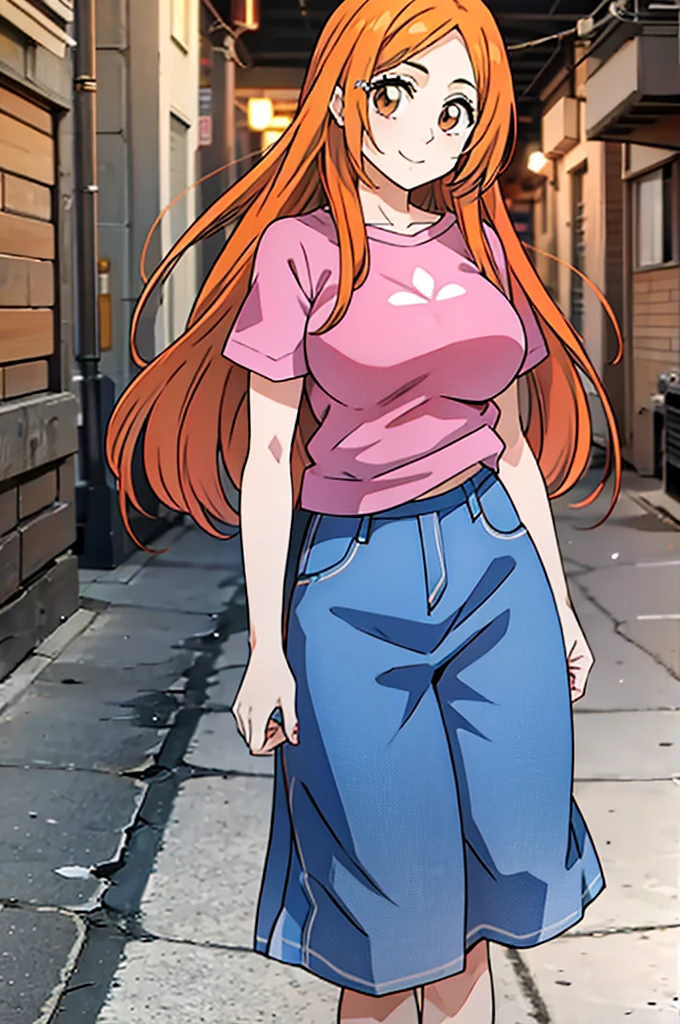 1girl, solo, inoue orihime, long hair, orange hair, brown eyes, pink t shirt, short sleeves, denim skirt, smile, night, town, looking at viewers,  standing, HDR, UHD, 4K, 8K,