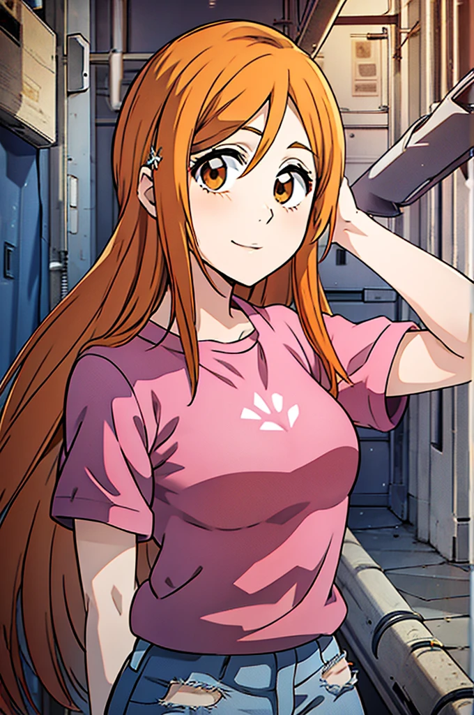 1girl, solo, inoue orihime, long hair, orange hair, brown eyes, pink t shirt, short sleeves, denim skirt, smile, night, town, looking at viewers,  standing, HDR, UHD, 4K, 8K,