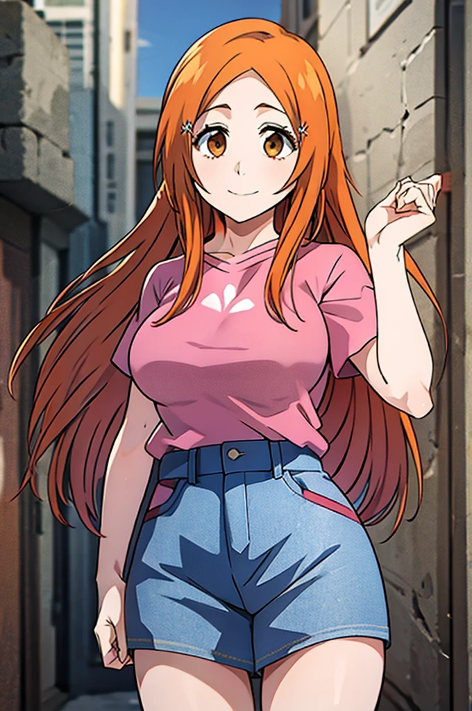 1girl, solo, inoue orihime, long hair, orange hair, brown eyes, pink t shirt, short sleeves, denim skirt, smile, night, town, looking at viewers,  standing, HDR, UHD, 4K, 8K,