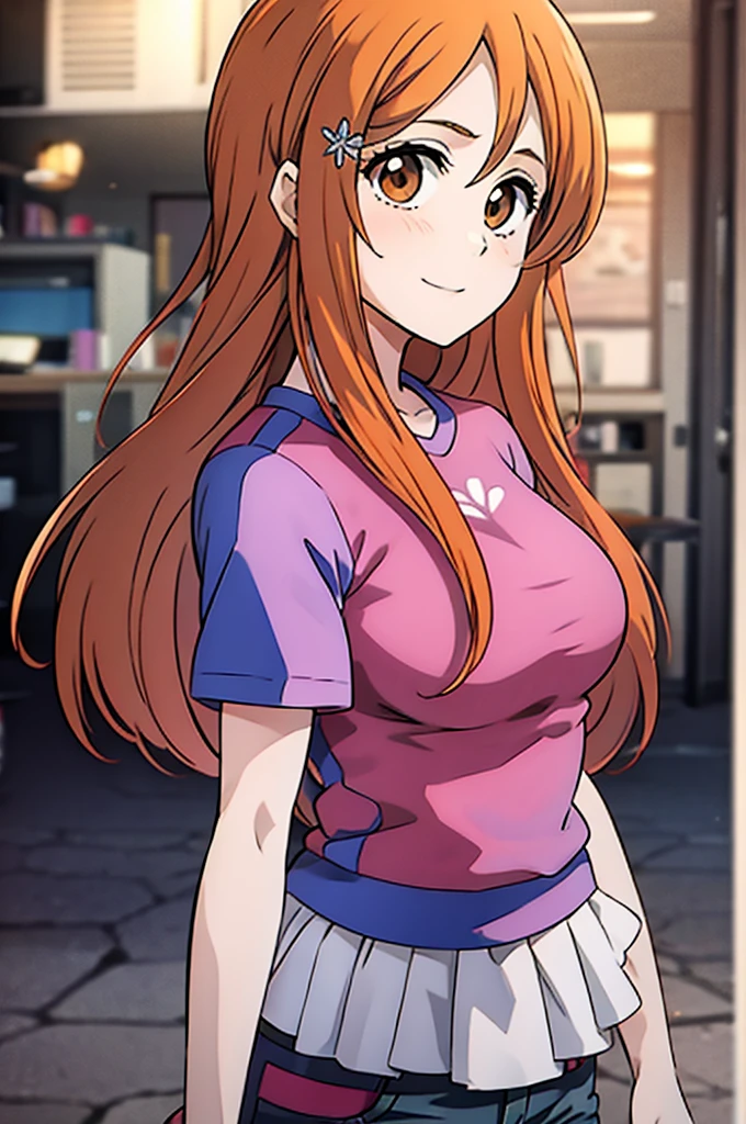 1girl, solo, inoue orihime, long hair, orange hair, brown eyes, pink t shirt, short sleeves, denim skirt, smile, night, town, looking at viewers,  standing, HDR, UHD, 4K, 8K,