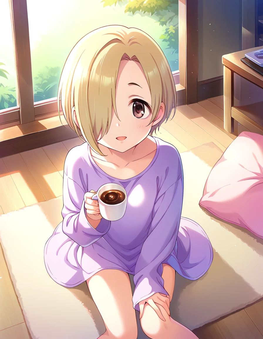  score_9,  score_8_up,  score_7_up, sauce_Anime,
pinup of 1girl, Alone, Date, smile, Joy,  open lips, ,  watching viewers, 
indoor, Grey rug, cushion,  coffee table,  window , sunlight, 
 Surskum,  short hair,  blonde hair, Hair over one eye,  Brown Eyes ,   flat chest,  small breasts, 
 oversized shirt with sleeves that extend to your fingertips, Purple Shirt,  long sleeve , 指先まで伸びる袖, Thighs, 
 detail eyes,   Eye Reflection  ,