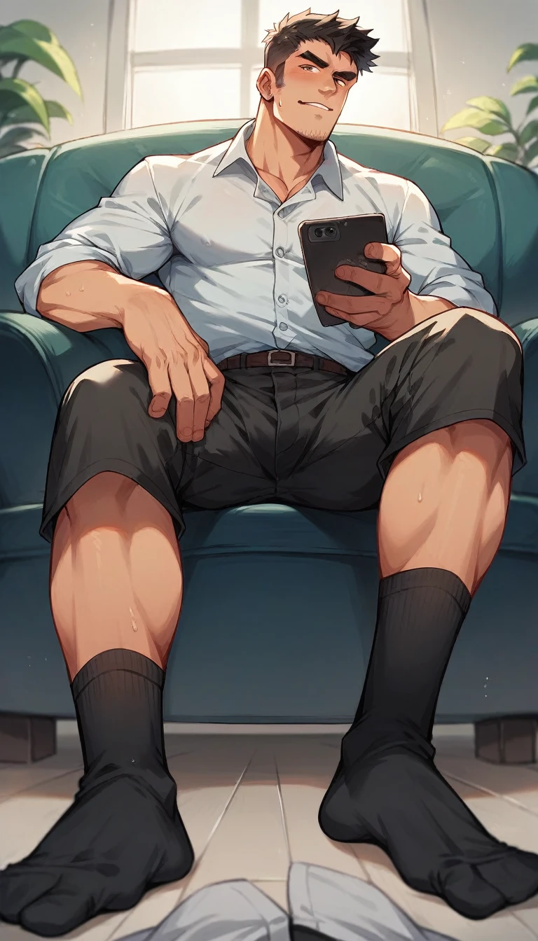 hot man in office attires, pants:2, sitting on a sofa, showing smelly high calf black socks:2, socks with sweaty inprints, Low angle, long shoot:2, , trampling POV, sketchy lines style