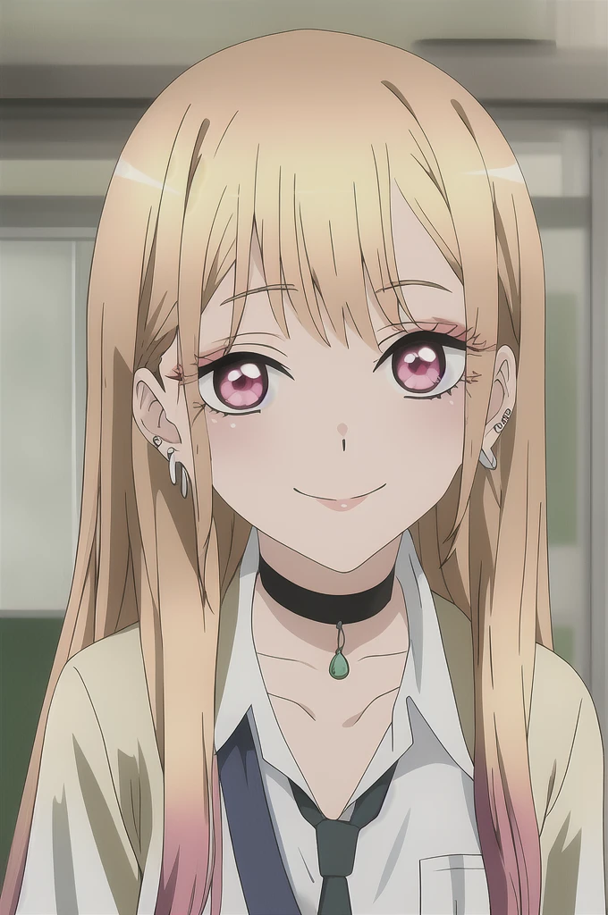 marin, 1girl, solo, long_hair, looking_at_viewer, smile, bangs, blonde_hair, shirt, red_eyes, jewelry, closed_mouth, school_uniform, collarbone, white_shirt, upper_body, multicolored_hair, earrings, necktie, choker, collared_shirt, indoors, pink_eyes, eyelashes, makeup, black_choker, parody, anime_coloring