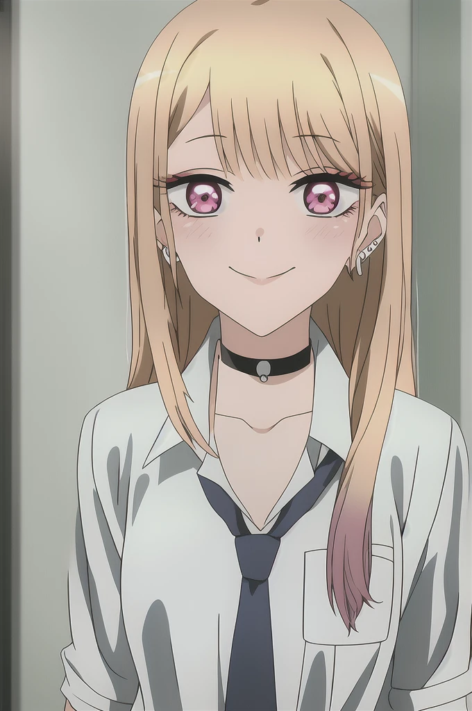 marin, 1girl, solo, long_hair, looking_at_viewer, smile, bangs, blonde_hair, shirt, red_eyes, jewelry, closed_mouth, school_uniform, collarbone, white_shirt, upper_body, multicolored_hair, earrings, necktie, choker, collared_shirt, indoors, pink_eyes, eyelashes, makeup, black_choker, parody, anime_coloring