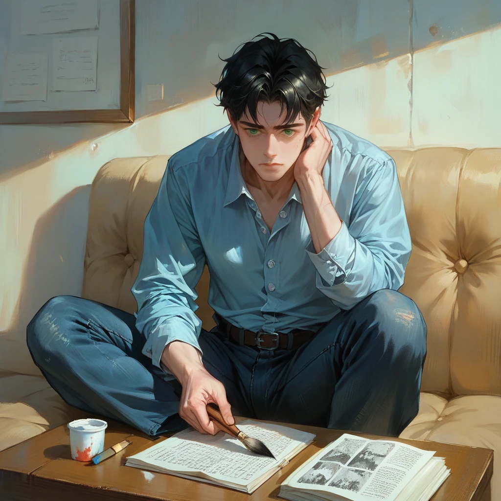 A close-up, full-body shot of the 19-year-old young man sitting alone at a table in the campus library. He's dressed casually but neatly - dark jeans paired with a light blue button-down shirt left untucked over it. His once messy black hair is now styled into an effortlessly tousled look that suits him well, framing those striking green eyes focused intently on the textbook open before him. ((gruffly)), high contrast, hyper-realistic, photorealistic, 8k, best quality, masterpiece, Anatomically Correct, Super Detailed, High Resolution, dreamy effect, smokey, paint brush art style 