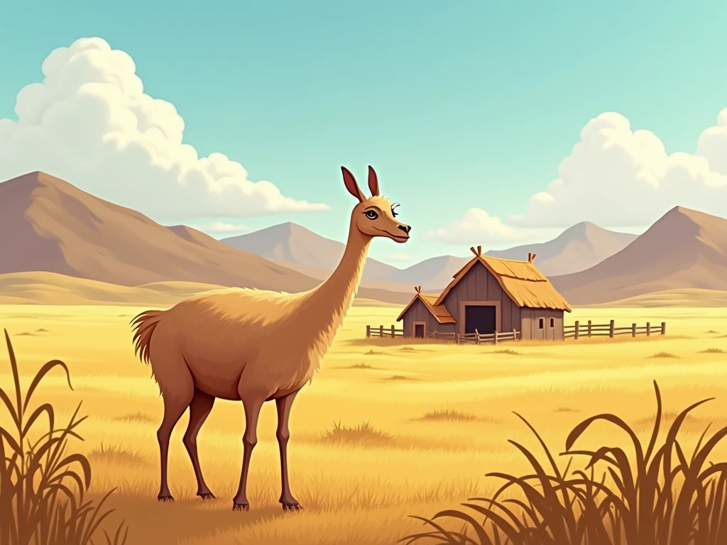 (Animated Vicuña ) (Vicuña in the Andes ) ( the vicuña has a large farm) The same vicuña from the cover you already generated ( the vicuña sows barley and potato ) (The vicuña loves its farm ) ( the vicuña harvests in spring )