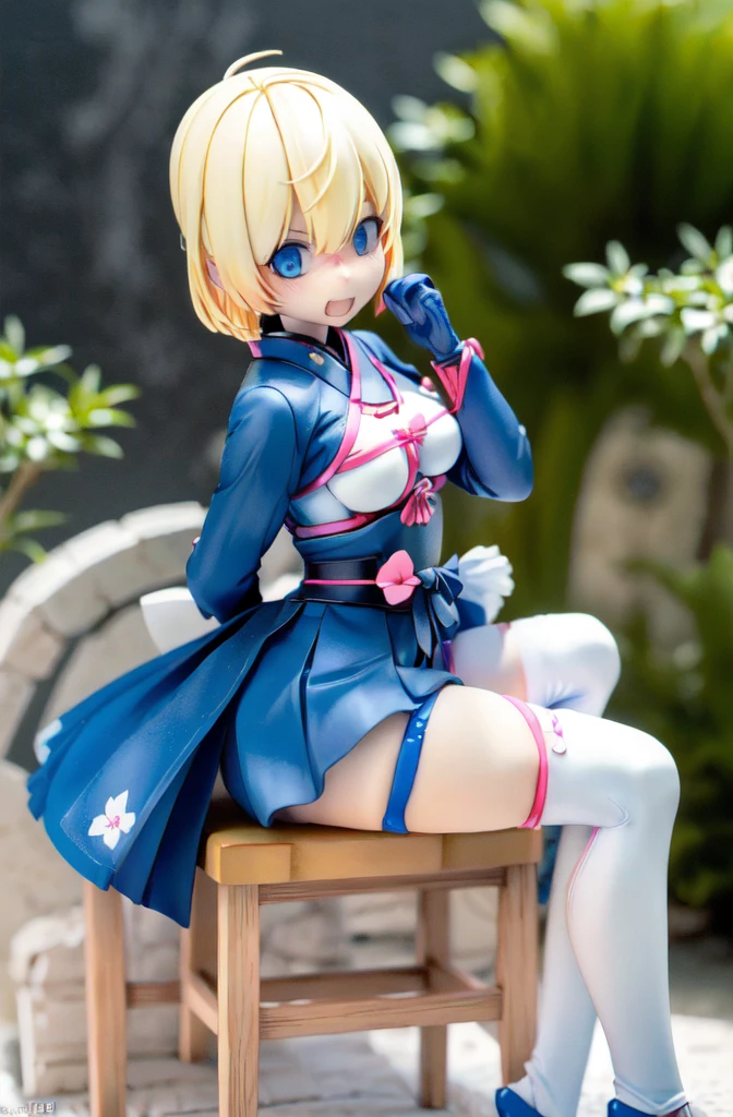   1 girl,  blonde short cut  ,   blue eyes, ダークブルーメタリックビキニとJapanese Samuraiの甲冑,Overexposure,Stylish adult woman with very small breasts , T-back ,  Blushing , Hi-Res,Very small breasts, chair during my trip to Spain, show your teeth and laugh , Laughing/ good laugh, Japanese Samurai