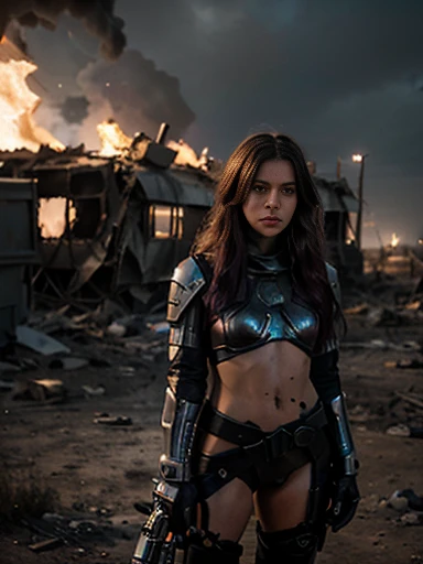 RAW photograph, portrait quality, Russian girl 18 years old , long dark purple hair, wind blown hair, dusty face, Clad in the shiny silver cyberpunk armor, Against the backdrop of a desolate post-apocalypse, action pose, futuristic laser rifle in hand taking aim, Destroyed buildings, Carcasses of burnt war vehicles, tracer bullet flares on background, Oppressive atmosphere, Dark skies, photo realism, sharp-focus, fallout, science fiction, cinematic scene,