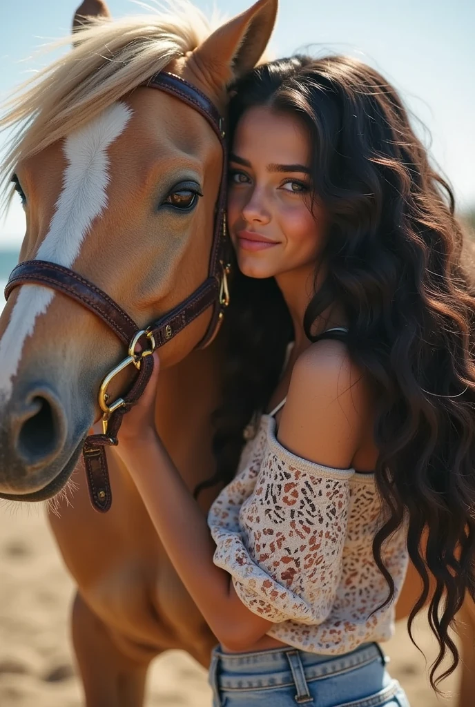 Girl of black wavy hair hugging a blonde horse faceless selfie,(Photorealsitic:1.4),Raw photo,((super realistic details)),render,8K,best quality,ultra detailed,8k portrait,highly detailed,super detailed skin,highly detailed background