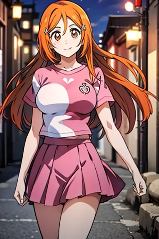 1girl, solo, inoue orihime, long hair, orange hair, brown eyes, pink t shirt, short sleeves, red rah-rah skirt, smile, night, town, looking at viewers,  standing, HDR, UHD, 4K, 8K,