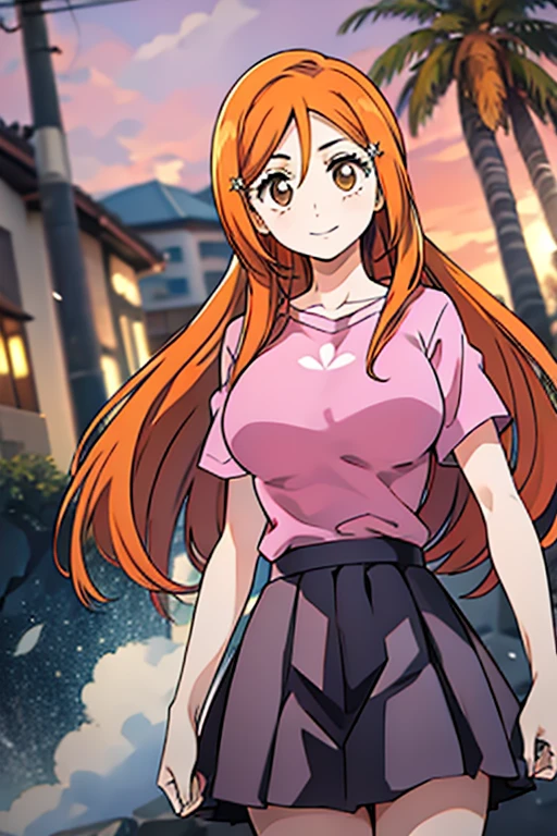 1girl, solo, inoue orihime, long hair, orange hair, brown eyes, pink t shirt, short sleeves, red rah-rah skirt, smile, night, town, looking at viewers,  standing, HDR, UHD, 4K, 8K,