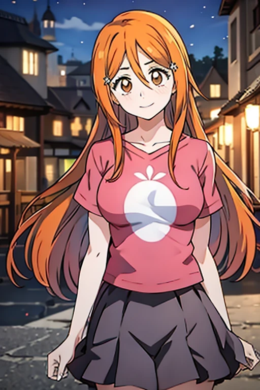 1girl, solo, inoue orihime, long hair, orange hair, brown eyes, pink t shirt, short sleeves, red rah-rah skirt, smile, night, town, looking at viewers,  standing, HDR, UHD, 4K, 8K,