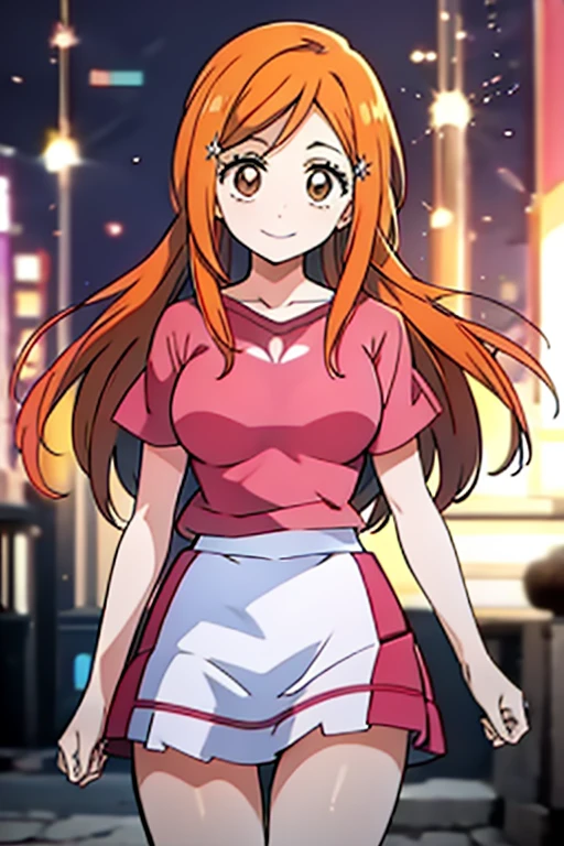 1girl, solo, inoue orihime, long hair, orange hair, brown eyes, pink t shirt, short sleeves, red rah-rah skirt, smile, night, town, looking at viewers,  standing, HDR, UHD, 4K, 8K,