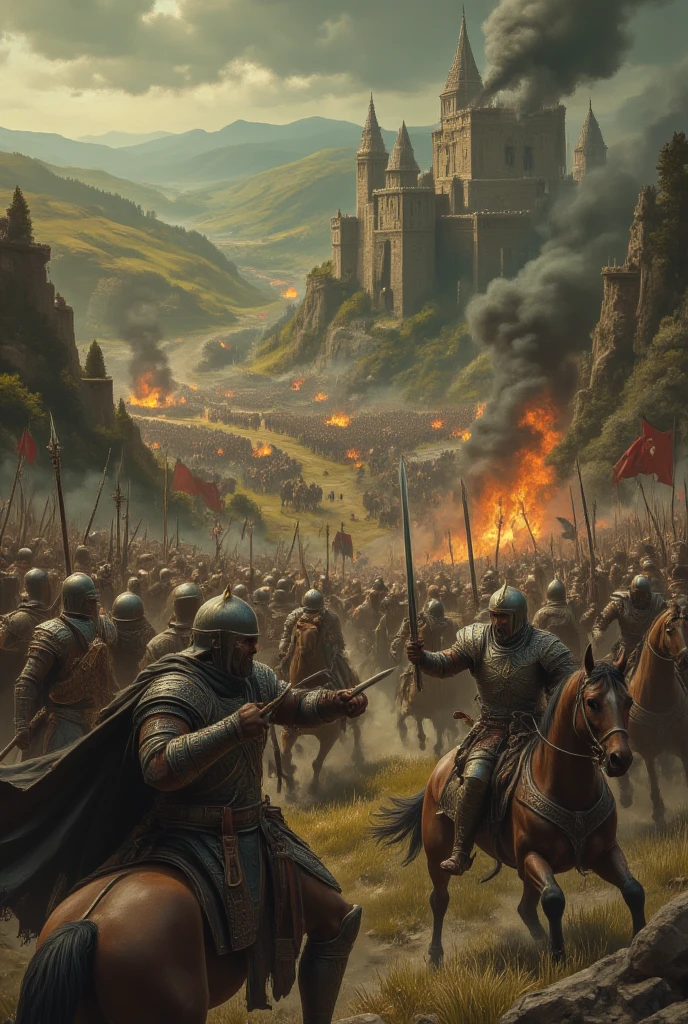 an epic battle scene fom the classic isometric video game "Age Of Empires II", cinematic, noc-isometric, velvet_myst