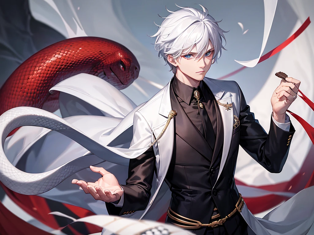 furry boy royal python, clothes tie, vest , red glasses and long pants, long snake tail and long hair,and without ears