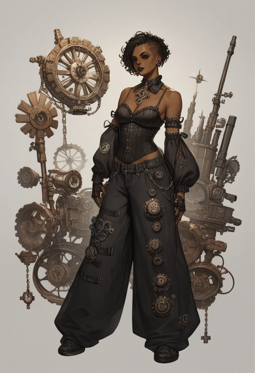 An girl outfit for a character from the series arcane, goth dark clothes, dark skin, dark , fluo, baggy pants and clothes, detailed clothes, Steampunk, very detailed