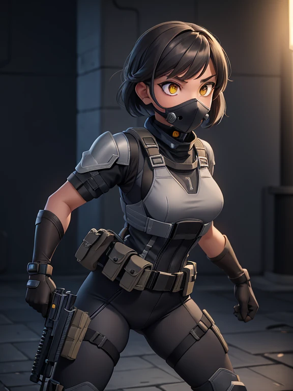 (masterpiece:1.2), best quality, high resolution, unity 8k wallpaper, (illustration:0.8), 1girl, solo, a woman in her mid-twenties, yellow eyes, tan-bronze skin, short black hair BREAK (Wearing: Metallic muzzle covering mouth, Gray tactical suit, black bulletproof vest, black gloves, utility belt, gun holsters) BREAK Holding a knife in one hand, Dynamic pose, action pose, in a fighting position