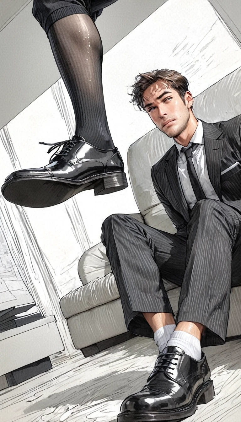 hot man in office attires, pants:2, sitting on a sofa, showing smelly high calf black socks:2, socks with sweaty inprints, Low angle, long shoot:2, , trampling POV, sketchy lines style