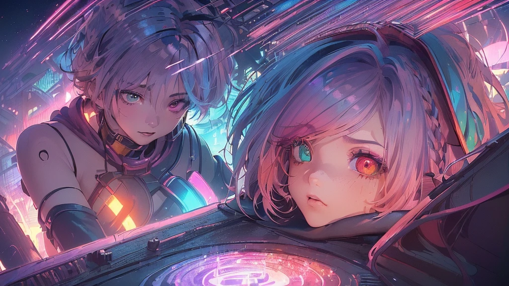 ((Best quality, 8k, Masterpiece)), ( Viral anime nature wallpaper in 4K quality, in the style of illustration inspired by Studio Ghibli with a Western twist), ((warm lights, and fireflies glowing brilliantly in the air)), (((A young girl with ((two-toned hair:1.4), (gradient hair:1.2) (pink hair) fading to (purple hair)), ((with heterochromia, featuring one eye in bright red and the other in vivid blue)), dressed in a tight-fitting, off-shoulder cyberpunk-style armor with hood, ((sleeping with eyes close on a rooftop with a neon-lit cityscape in the background)), The scene is set in neon city in cyberpunk world. The atmosphere The atmosphere captures the dark, futuristic ambiance of a cyberpunk world.))).