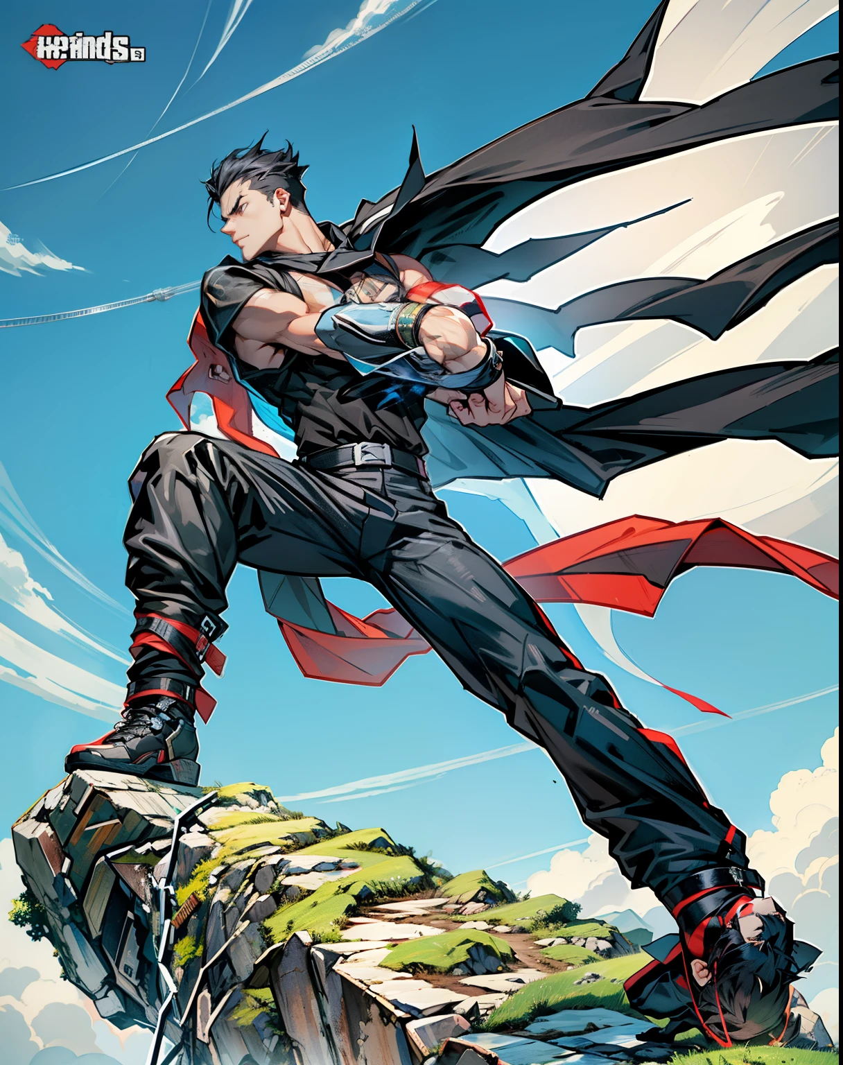 boys 26 Years old, Serious face, muscular, ((black singlets)), black pants, black hair, floating on air, levitate on sky, blue sky, cloud
