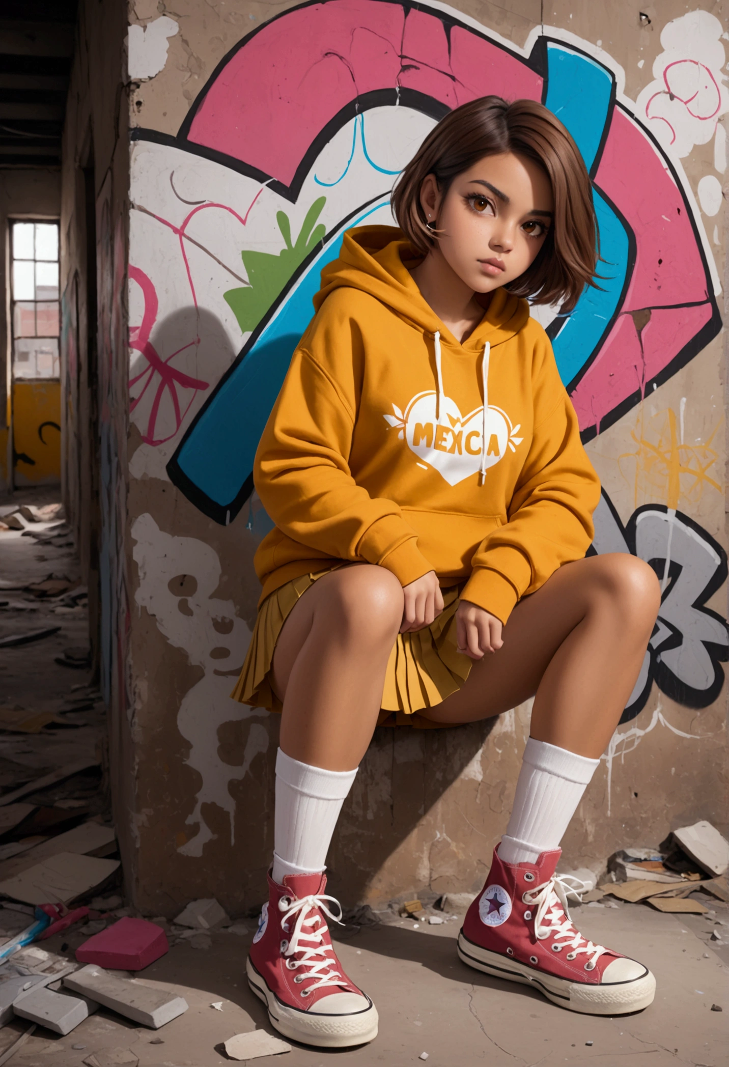 sfw, full color painting of squatting PoqssiV2 with long neck, high heel shoes, (very thin, slender),(perfect perky tits), (80s tracksuit:1.1),(((Grafitti art) (by Jef Arosol))), on a photographic red-brick wall background, insane details, intricate details, hyperdetailed, low contrast, soft cinematic light, dim colors, exposure blend, hdr, faded, detailed skin, (rich:1.4), 8k uhd, dslr, soft lighting, high quality, film grain, Fujifilm XT3