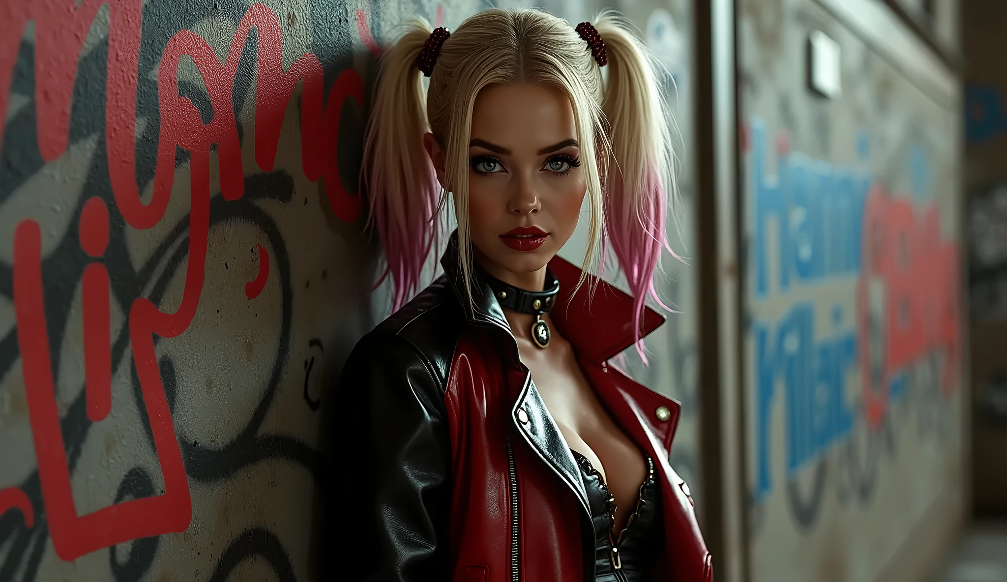 (8K, RAW photo, Best quality, Masterpiece:1.2), Ultra detailed, offcial art, full body shot of, photo-realistic:1.37, Huge, The can be seen through the shirt by exposing the cleavage, DC Harley Quinn, filmgrain, Dynamic pose, Bigchest, The camera focuses on her chest, ((nsfw)), exposed breasts, perfect vagina