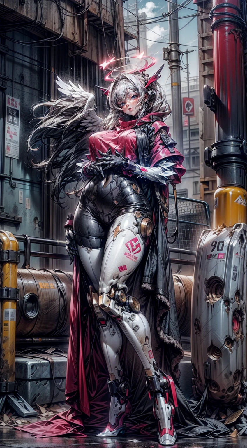 scantily clad，Thick mech，In pink，red colour，black in color，white colors，purpleish color，Lots of detail，Mix and match，metalictexture，Ruined city，Dirty streets，Combat damage mech，Full body like，Huge bust，Take to the skies，nakeness，Large amounts of colored liquid, solo, angel, halo