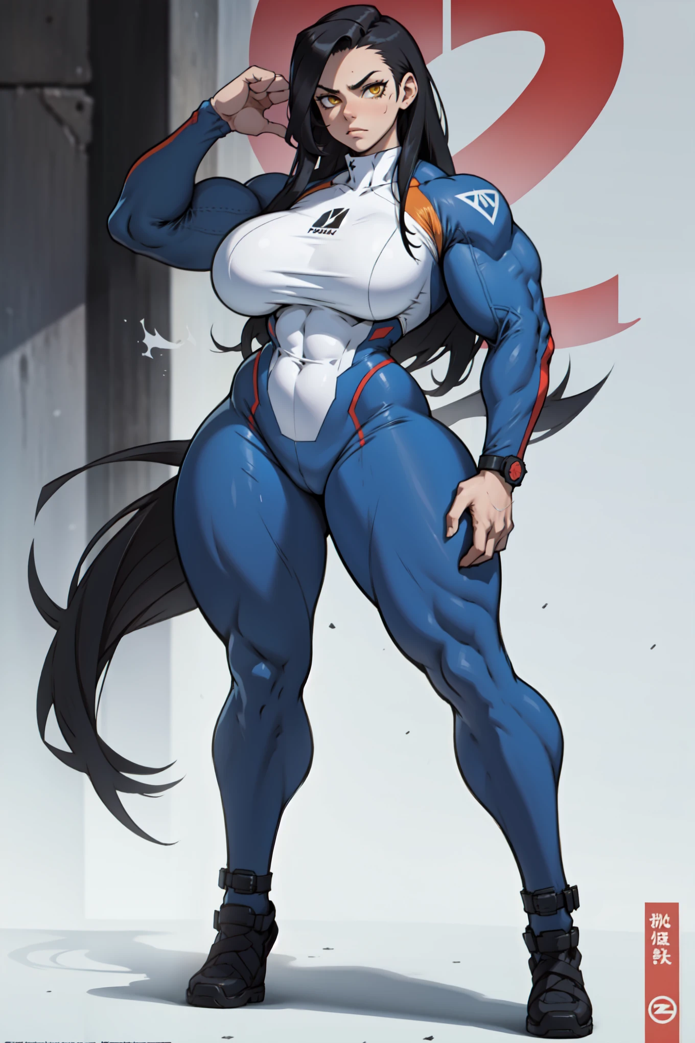 sad solo standing skintight ((muscular girl)) toned body massive breasts yellow eyes black hair pale skin thick very long hair very long hair
