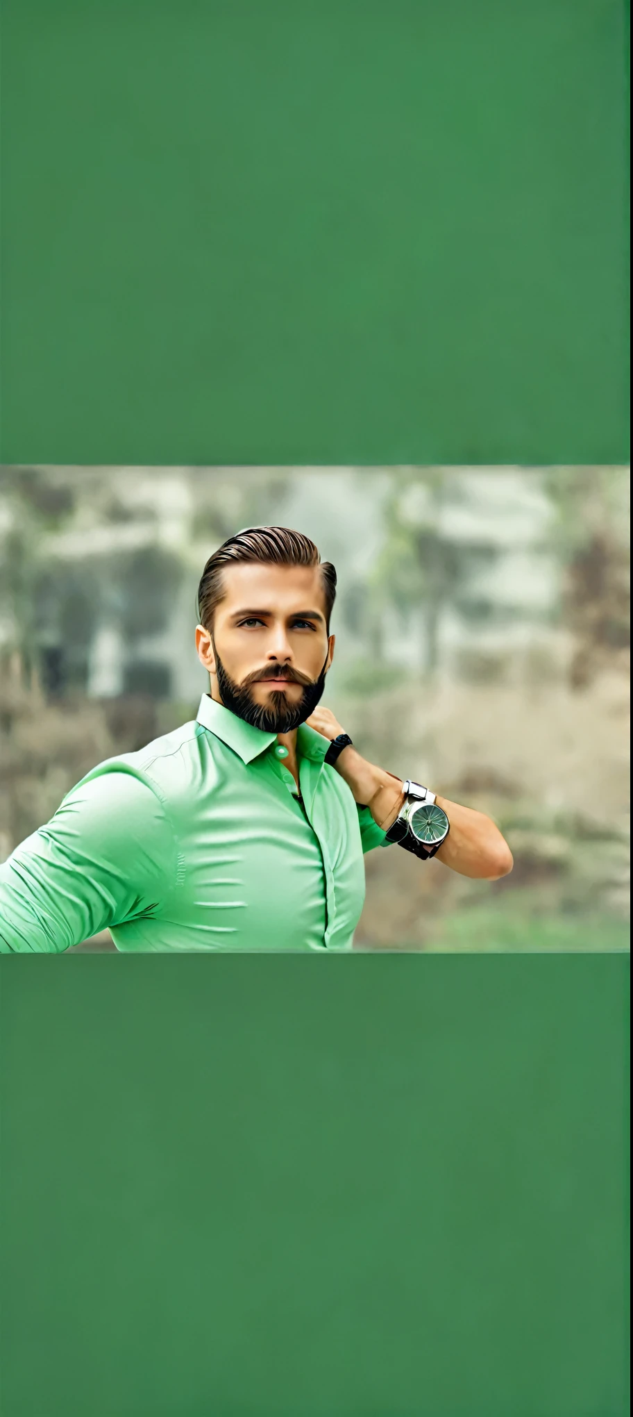 A European man with a beard and a watch on his wrist., Attractive Man, handsome and attractive, handsome male , Attractive Man, attractive and handsome face , handsome man, male and handsome, Beautiful face, perfect Beautiful face, Beautiful face and beautiful face, Wearing a watch, Handsome young man, extremely handsome, very Attractive Man with beard, good looking, attractive and handsome, modern haircut sexy pose , Anatomically Correct, sepiated photograph , light green shirt