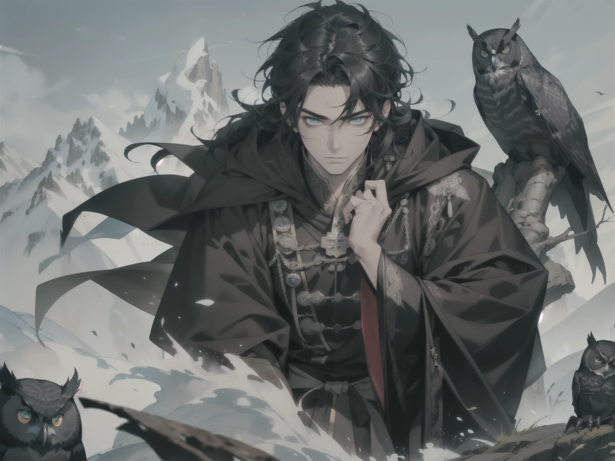 best quality, It has a very high resolution., รายละเอียด CG 4k, Masterpiece, best quality, close up, (ung man ), Young man,wear black hood , Short black hair ((black hair)) , blue eyes, Black shirt with hood((Mongolian dress)),((Black Mongolian cloak)),There are details, muscle , glove, Beside me there is( Black Owl), (( Black OWL )), Giant Owl อยู่บนหัวไหล่, (top of the mountain background)),Green Forest, Green Mountain, Windy , Strong wind