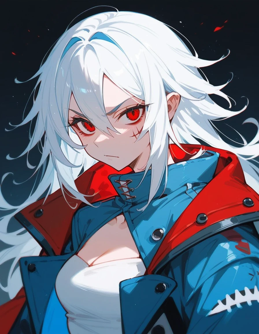 Angry woman, big breasts, red jacket, scar on her face, smile on her face, blue eyes, cigarette in her mouth, black nails