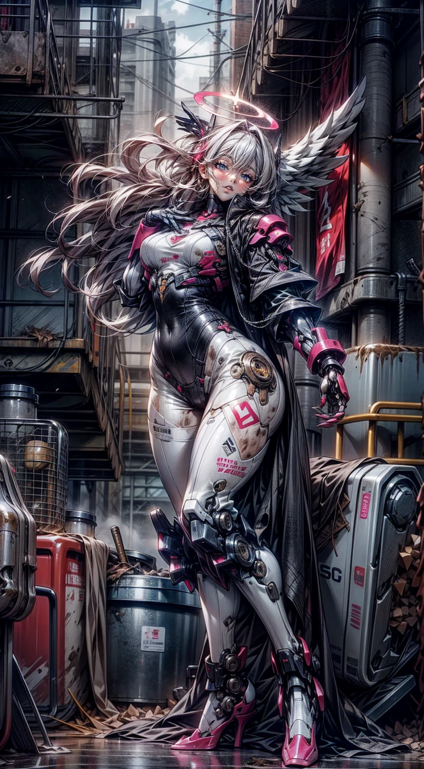 scantily clad，Thick mech，In pink，red colour，black in color，white colors，purpleish color，Lots of detail，Mix and match，metalictexture，Ruined city，Dirty streets，Combat damage mech，Full body like，Huge bust，Take to the skies，nakeness，Large amounts of colored liquid, solo, angel, halo, war, dynamic pose,bad_pictures
