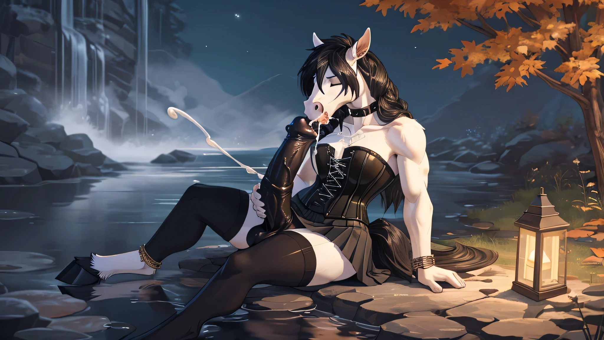 solo, (woman), ((horse girl)), ((tail)), ((digitigrade)), ((digitigrade legs)), ((hooves)), ((full body)), (fit body), (huge breasts), (white fur), long hair, black hair, straight hair, braids, eyes closed, (goth), ((neutral expression)), (anklets), (bracelets), ((choker), ((collar)), ((stockings)), ((corset)), ((miniskirt)), ((short skirt)), outside, forest, autumn, night time, sitting by river, waterfall, ((resting)), ((((legs together)))), ((futanari)), ((black penis)), ((erection)), ((huge penis)), ((flared penis)), ((flared penis tip)), (((cock ring))), ((penis sticking out from under skirt)), ((masturbating)), ((masturbation)), ((ejaculating)), ((ejaculatuon)), ((cumming)), ((cum dripping from penis)), ((semen dripping from penis)), ((cum on face)), ((semen on face)), ((cum on clothes)), ((semen on clothes)), ((penis pointed at own face)), ((ejaculating in own face)), ((cumming in own face)), ((autofacial)), ((autofellatio)), ((autofellation)), ((ejaculating in own mouth)), ((cumming in own mouth))