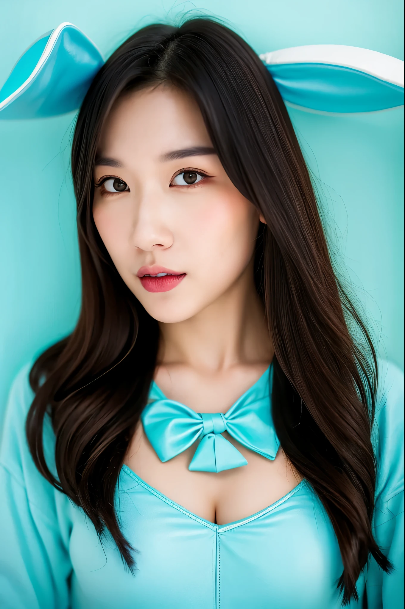 sitting on sofa, (cyan leather playboy bunny), cyan pantyhose, cyan leotard, rabbit ears, cyan bowtie, wrist cuffs, looking at camera, front view, long hair, (detailed face), at livingroom, tempting pose, potrait body, mouth closed, black eyes, 1 girl, 20yo,Young female,Beautiful Finger, beautiful arms,Beautiful long legs,Beautiful body, Beautiful Nose,Beautiful character design, perfect eyes, perfect face,expressive eyes,perfect balance, (looking at viewer), official art,extremely detailed CG unity 8k wallpaper, perfect lighting,Colorful, Bright_Front_face_Lighting,White skin, (masterpiece:1.0),(best_quality:1.0), ultra high res,4K,ultra-detailed, photography, 8K, HDR, highres, absurdres:1.2, Kodak portra 400, film grain, bokeh:1.2, lens flare, (vibrant_color:1.2),professional photograph, (Beautiful,huge_Breasts:1.4), (beautiful_face:1.5),(narrow_waist)