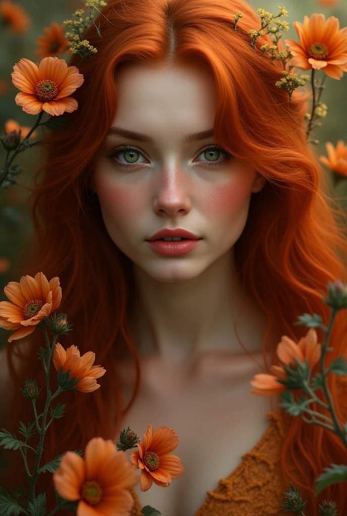 a beautiful redheaded woman surrounded by autumn flowers, long hair, extremely detailed green eyes, photorealistic, 8k, high resolution, masterpiece, intricate details, vibrant colors, natural lighting, classical oil painting, cinematic composition, elegant pose, fantasy, magical realism