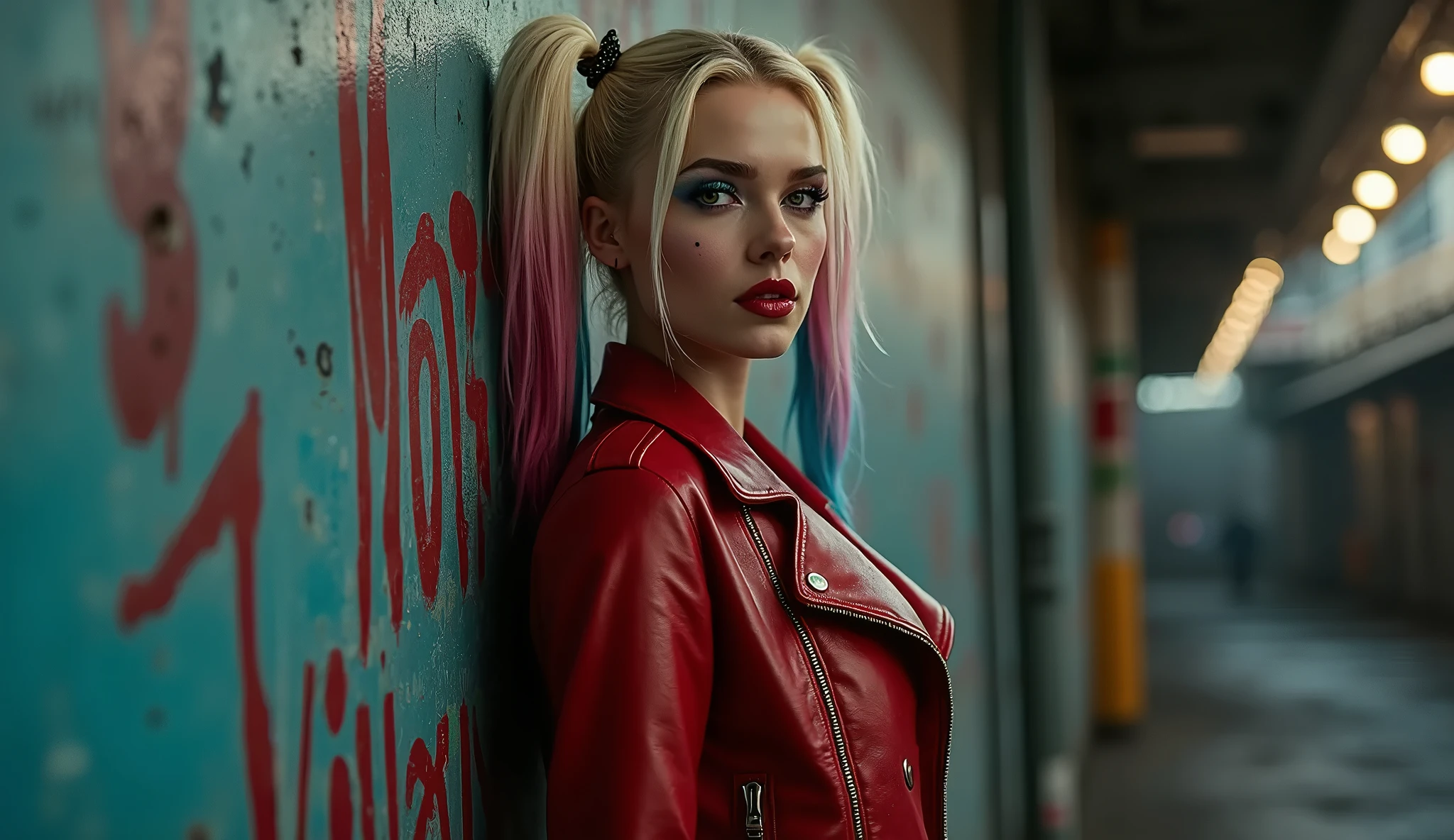Photorealistic photo, (Full length photo), 10k resolution, ((Exceptional quality)), ((Masterpiece)), Kim Kardashian as Harley Quinn in Suicide Squad, Hard Focus, Accurate Shading, Subsurface Scattering, Complex, Fine Detail, (High Quality, Good, Masterpiece), Photography, , Natural Light, 4K, RAW, Centered, Beautiful, Super Detail, Sony A7 IV , Face Detail, Super Realism, Effect Shot, Immersive Realism. KimLoRA1