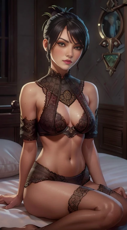 MorriganDA, masterpiece, highest quality, RAW, analog style, a stunning photo of a (beautiful woman), (bitchy), (burgundy lace bra), (black pantielack stockings), (small breasts), (black short hair bun), (sitting on a bed), (bedroom), (lipstick), (eyeliner), (makeup), (highly detailed skin, skin details), (highly detailed face and eyes), sharp focus, 8k UHD, DSLR, high quality, film grain, Fujifilm XT3, frowning, intricately detailed, highly detailed, cluttered and detailed background