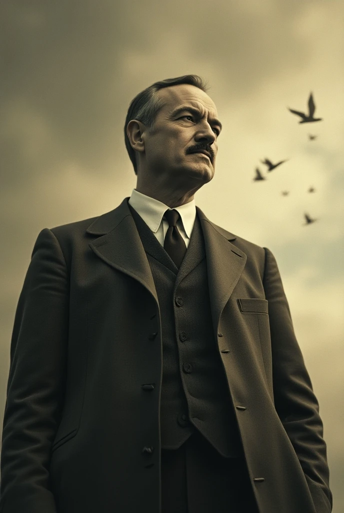 Generate an image that represents an economic crisis " the head and shoulders of John Maynard Keynes in the sky , And that the colors are brown , gray and dull, and that it is set in the years 1910 or 1940 "