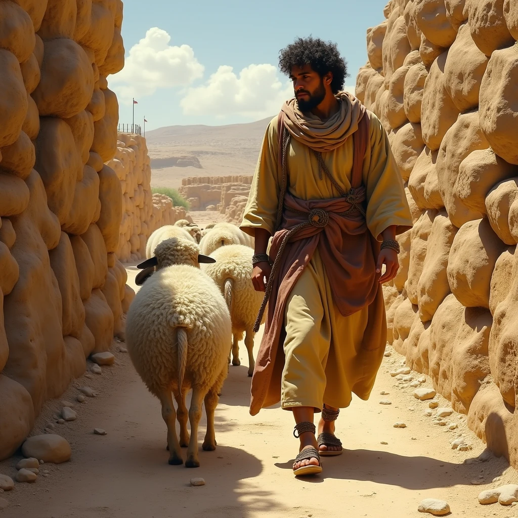 creates a painting of A young shepherd of sheep flocks from Judea from the time of King Saul , with worn sandals ,Ochre wool leather clothing , golden skin by The Sun curly black hair walking on a stony road with rock walls