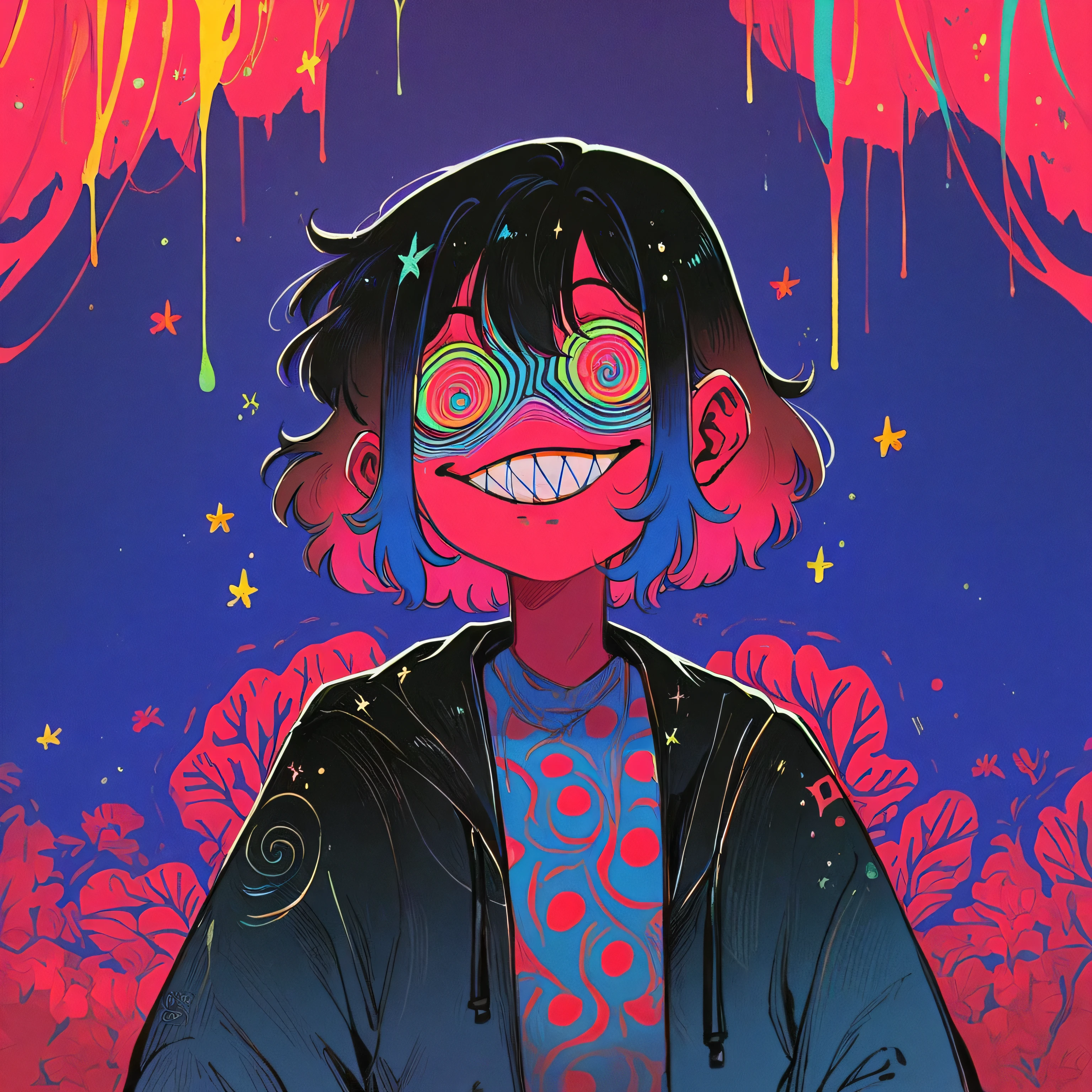 score_9, score_8_up, score_7_up, score_6_up, score_5_up, score_4_up, f3nn3r, 1girl, colourful, pink, blue, black, red, trippy