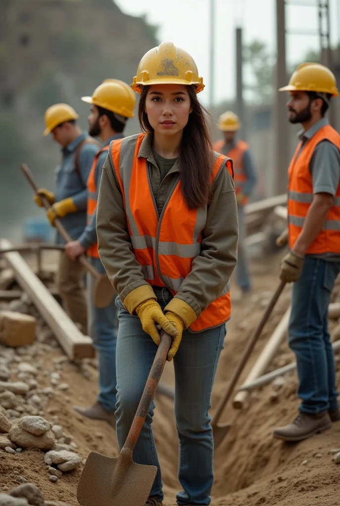 Image: the student (female) works in a construction site, with a shovel in his hand and sweat running down his face. A scorching sun and the noise of tools are seen. In the background, A school can be seen in the distance.. that the image is wide