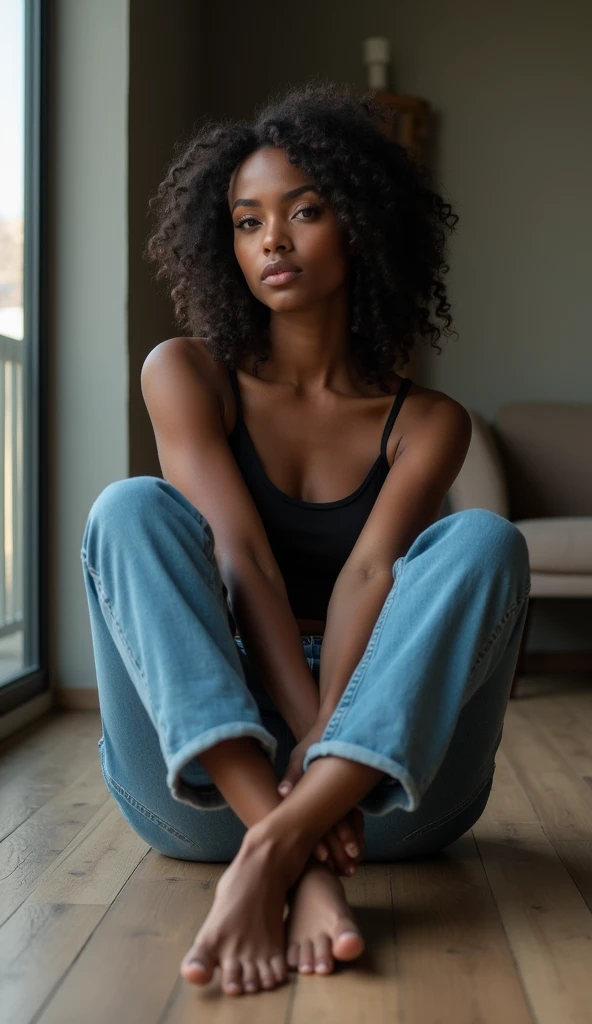 araffe woman sitting on the floor with her legs crossed, a portrait inspired by Charles Alston, trending on cg society, arabesque, young black woman, photo of a beautiful woman, black young woman, modeling shoot, casual pose, photo of a black woman, jeans, beautiful city black woman only, wearing jeans, tight denim jeans, model shoot