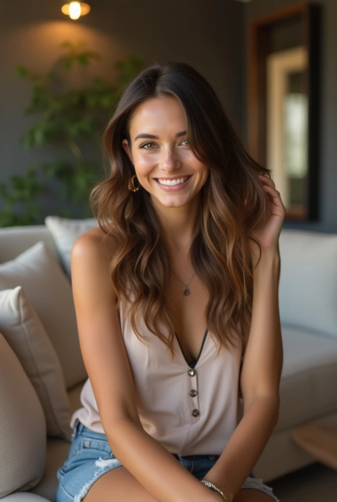 A smiling and attractive 30-year-old Brazilian woman with brown hair and a well-defined physique is sitting comfortably on a sofa in a cozy living room. She is running her hand through her hair and looking directly at the camera.